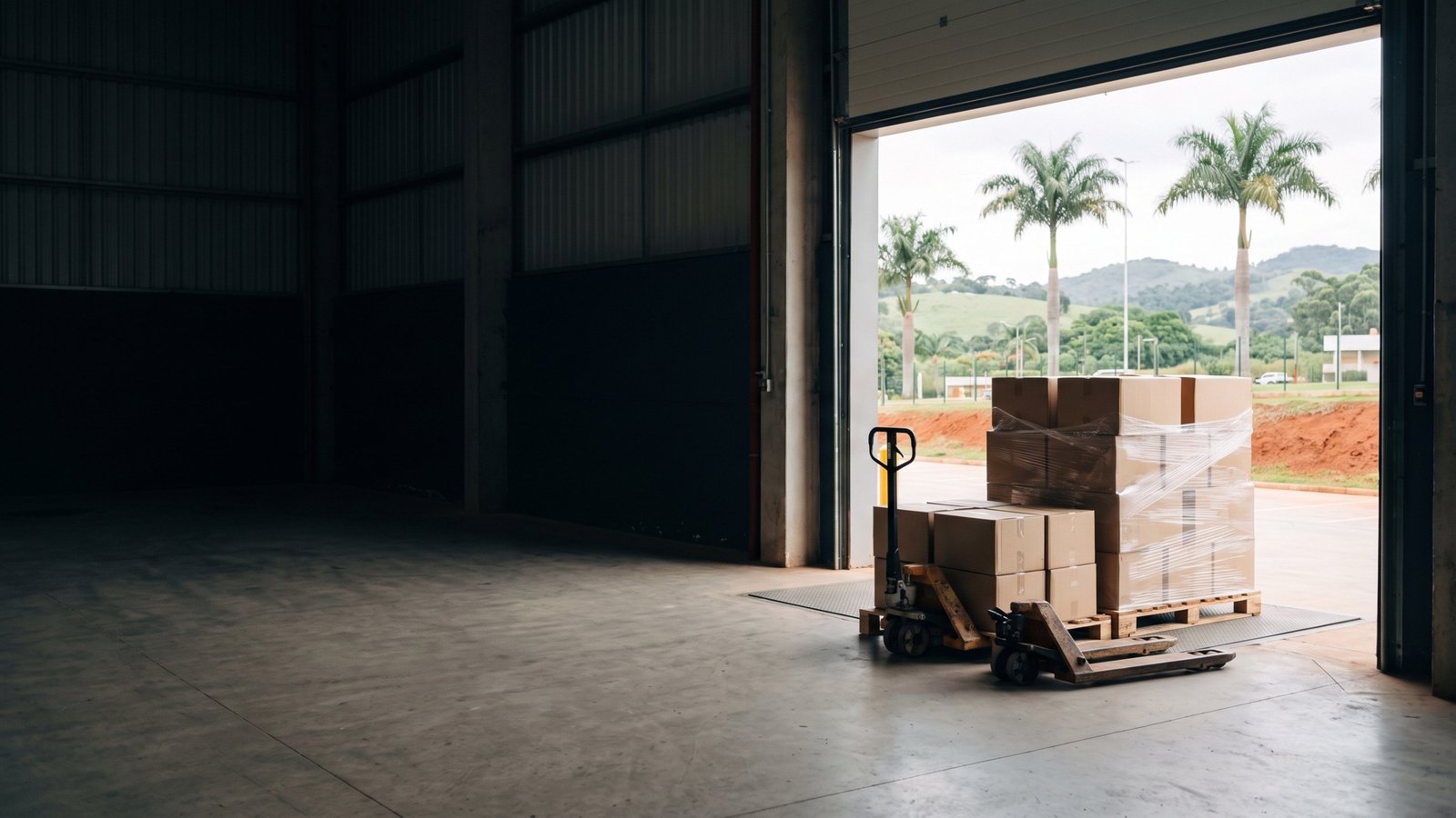 Armazém com a porta aberta e um pallet de caixas com paleteira, ao fundo palmeiras e morros