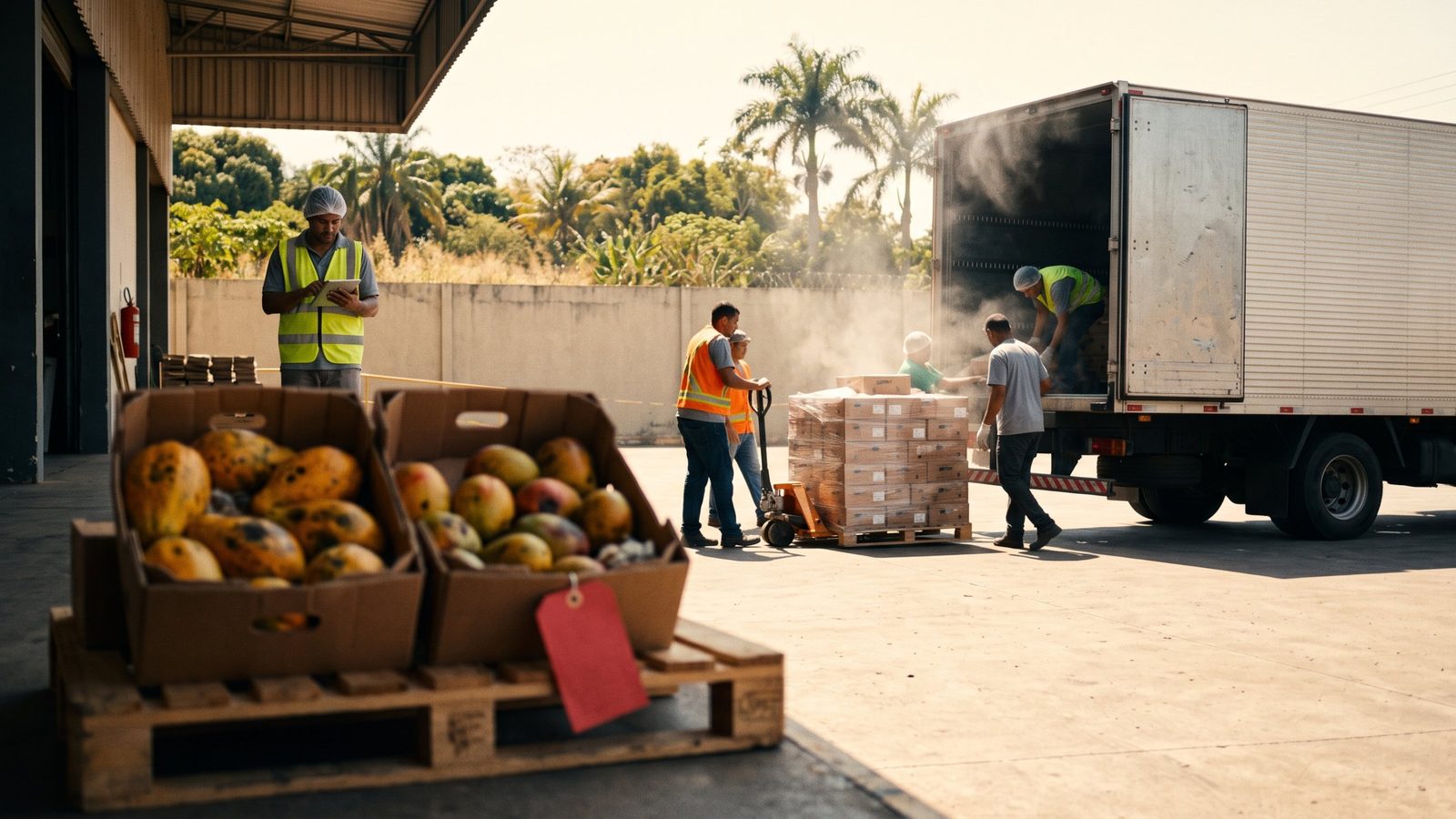 Doca de descarga com caixas de frutas estragadas em primeiro plano e equipe descarregando um caminhão