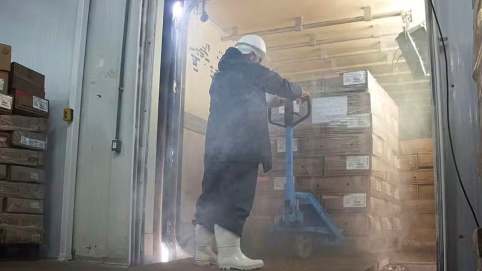 Operador com roupa térmica movendo carga dentro de uma câmara fria